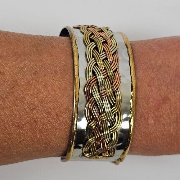 Tricolor Gold‎ Silver Copper Plated Metal Cuff Bracelet Honeycomb Braided Wide - Picture 9 of 10